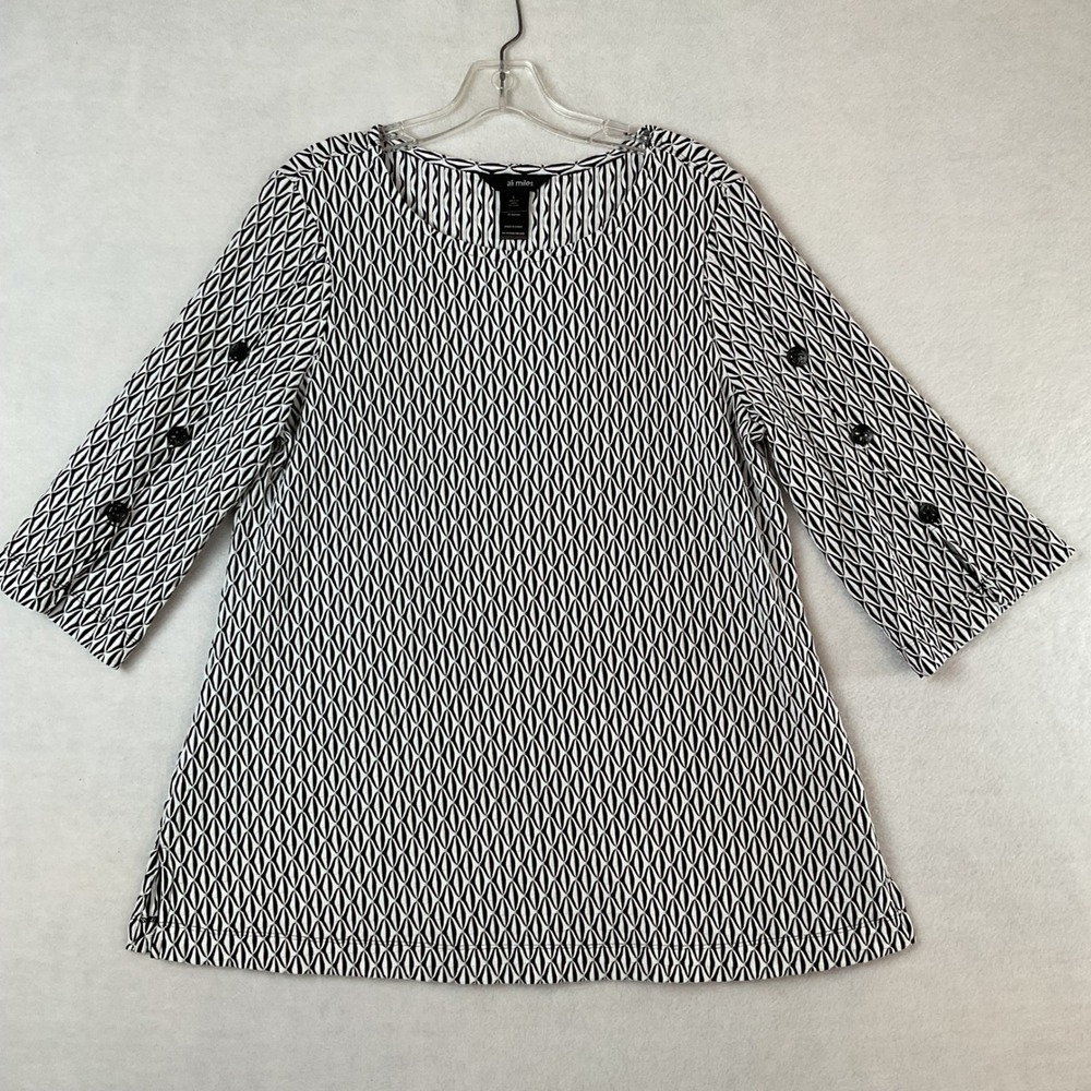 Ali Miles Womens Large Black White Geometric Tunic 3/4 Button Sleeve Top Top